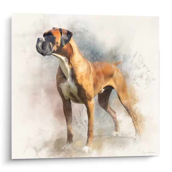 Portrait aquarelle de Boxer aux tons fauves et ocres sur fond vaporeux gris beige