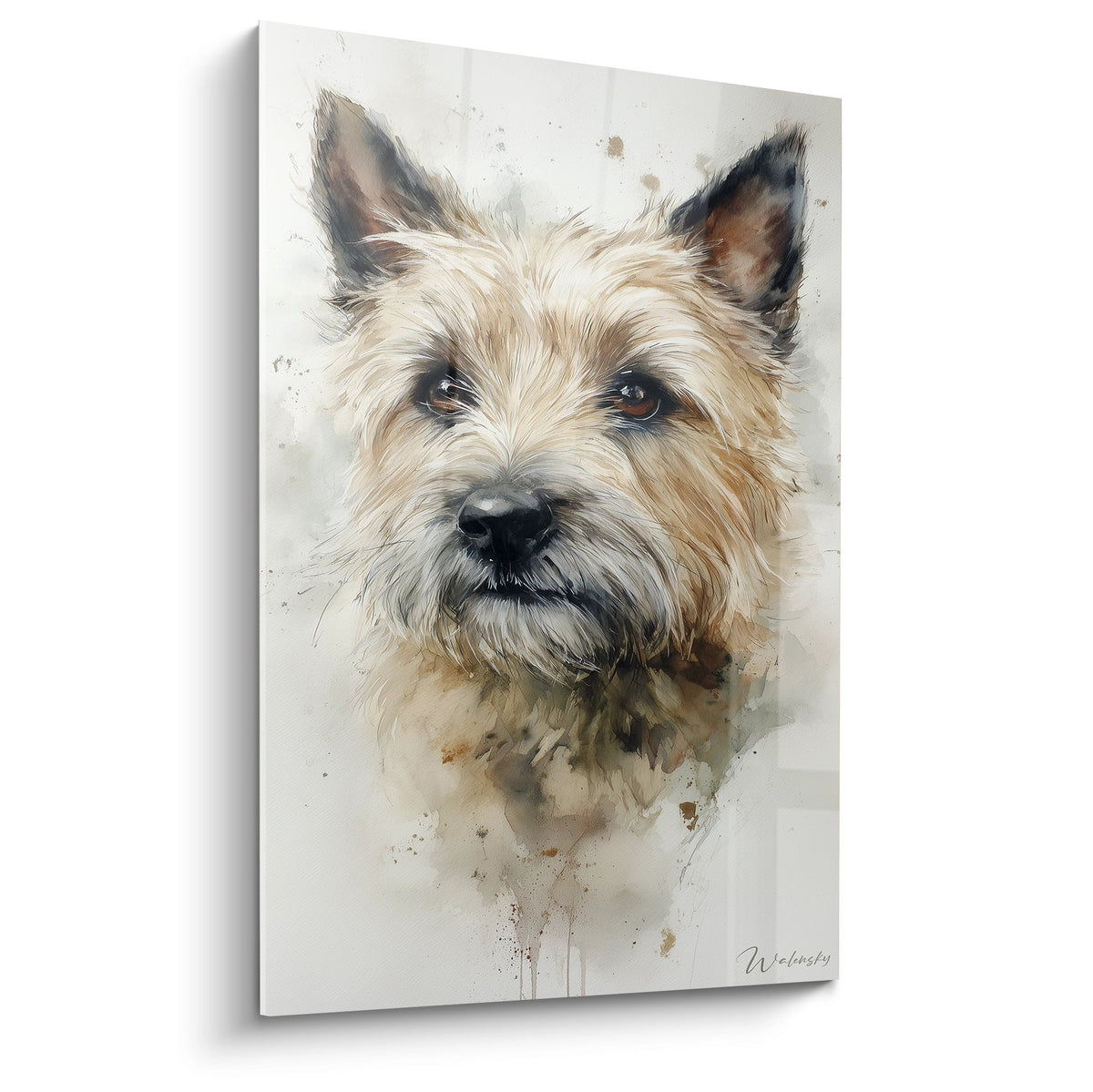 Portrait aquarelle Cairn Terrier tons beiges et dorés avec regard expressif sur fond creme