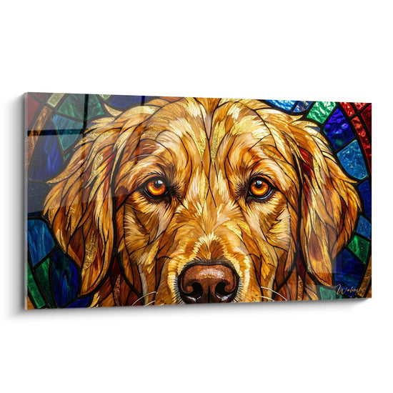 Portrait golden retriever style vitrail pelage dore yeux ambre fond colore