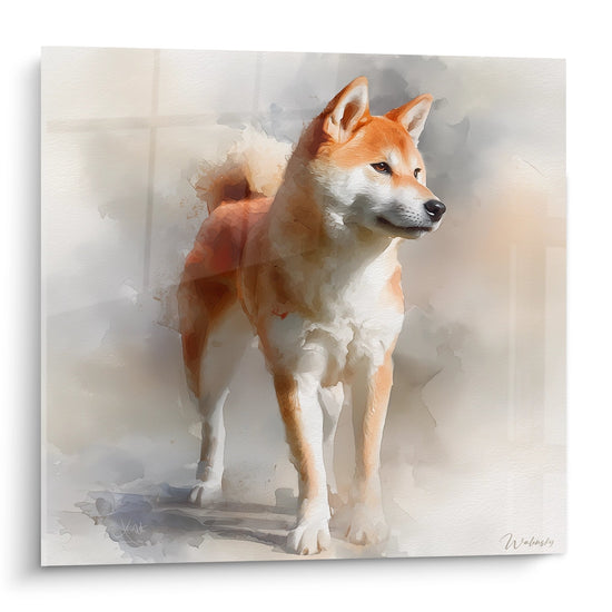 Portrait aquarelle Shiba Inu aux tons oranges et blancs sur fond gris, style artistique delicat et contemplatif