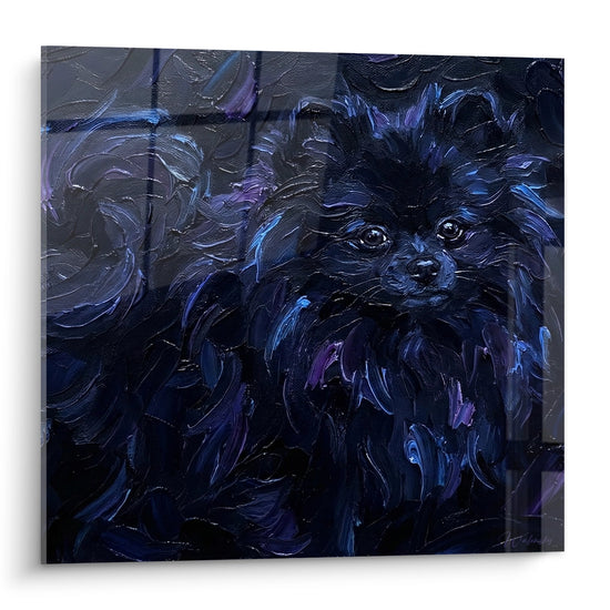 Portrait artistique spitz pomeranien fourrure bleue violette technique empâtements regard expressif peinture moderne