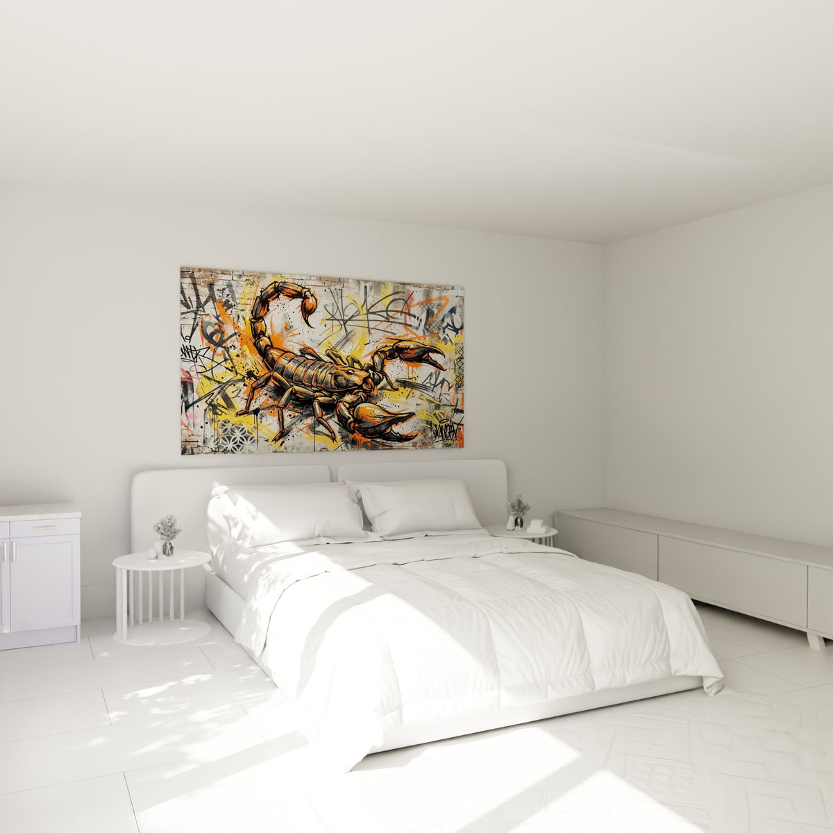 Tableau scorpion orange graffiti accroche au mur chambre moderne decoration murale urbaine contemporaine