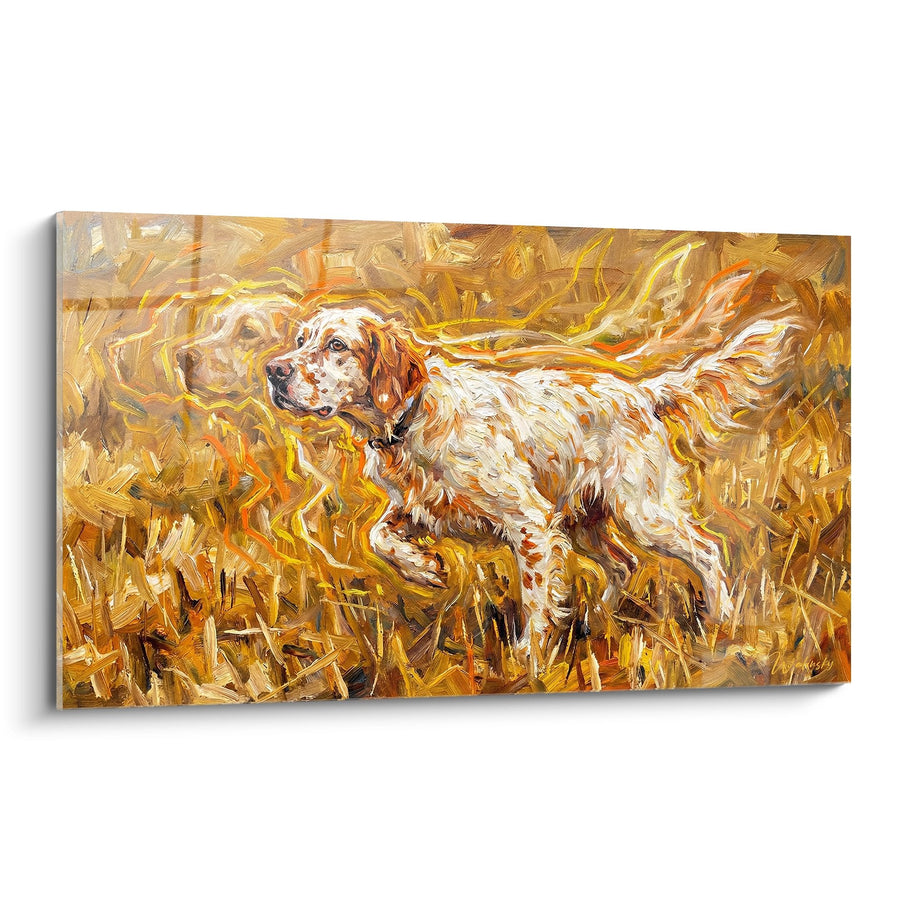 Tableau Chien Blanc et Orange dans Prairie Dorée - Mouvement et Harmonie - Edition Setter Anglais