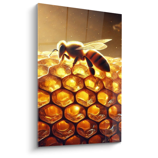 Abeille dorée posée sur alvéoles ambrées, corps rayé noir et miel scintillant