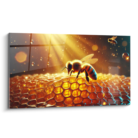 Abeille dorée et bleutée posée sur un rayon de miel ambré traversé de lumière solaire