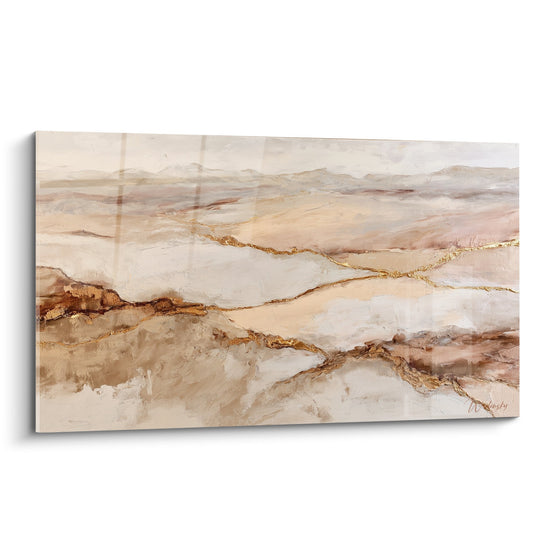Tableau abstrait beige et doré aux veines métalliques dorées sur fond de teintes poudrées harmonieuses
