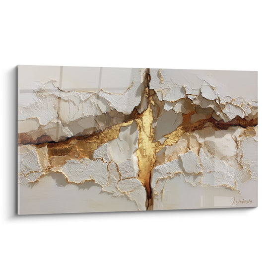 Tableau abstrait moderne blanc et or aux textures organiques reliefs dores feng shui centre terre decoration murale