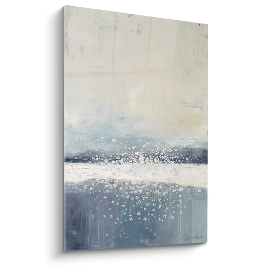 Tableau abstrait bleu beige avec motifs floraux blancs feng shui ouest metal decoration murale zen