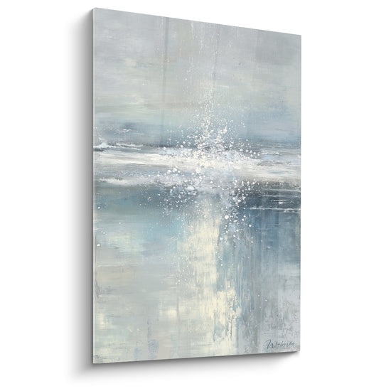 Tableau abstrait bleu et blanc avec eclaboussures lumineuses feng shui ouest metal