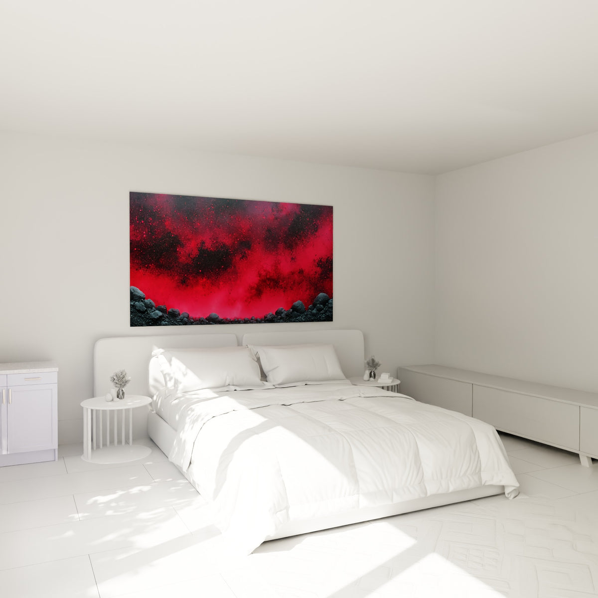 Nébuleuse rouge fauve et roches anthracite du tableau Abstrait Coloré au-dessus d'un lit dans une chambre claire
