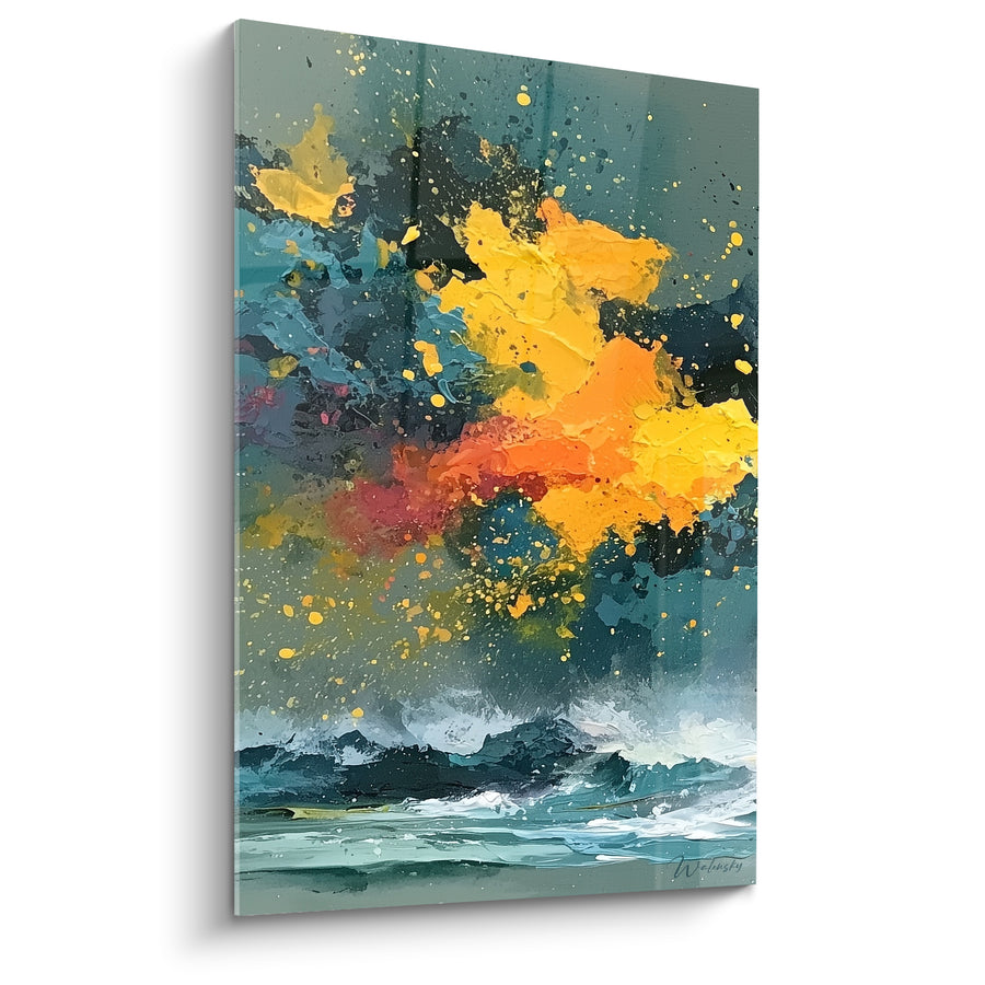 Tableau Explosion dorée sur vagues bleu pétrole - Tempête embrasée - Edition Abstrait Coloré