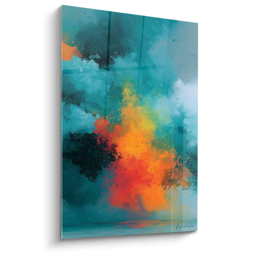 Tableau Nuage d'orage turquoise et orange embrasé - Cœur incandescent - Edition Abstrait Coloré