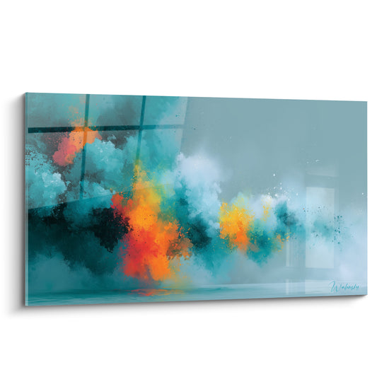 Nuage abstrait turquoise et orange fauve traversant une brume bleu glacé, composition intense