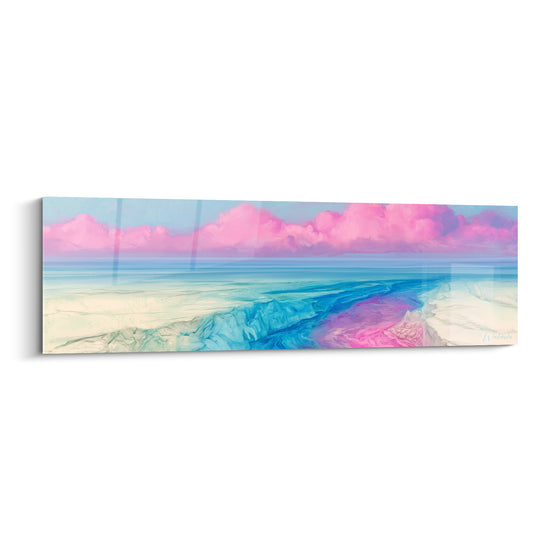 Rivage abstrait aux nuages roses et estuaire bleu turquoise, composition panoramique lumineuse