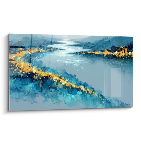 Tableau Rivière bleue aux rives dorées - Échappée fluviale - Edition Abstrait Coloré