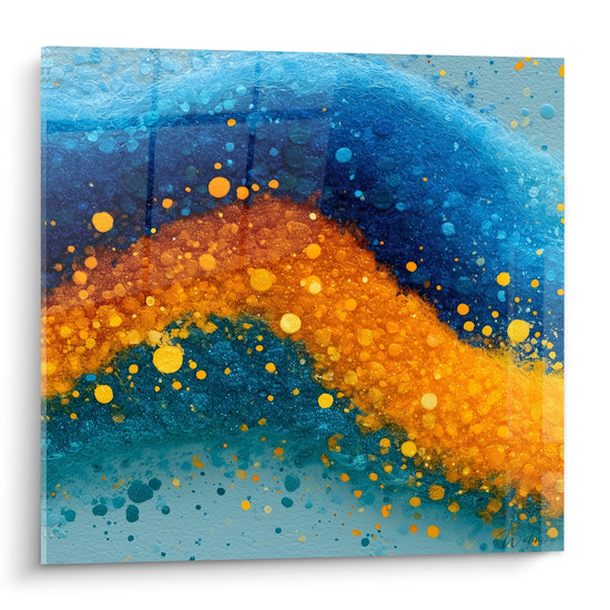Vague de bulles orange et bleu marine traversant une toile texturée en diagonale
