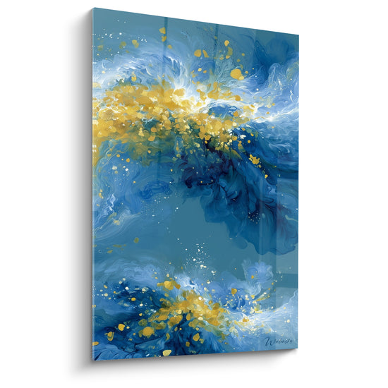Vagues abstraites bleu marine et dorées se déploient en tourbillons lumineux sur toile brillante