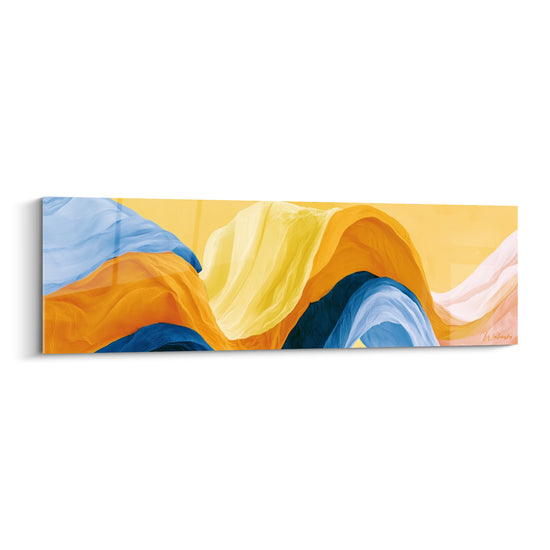 Vagues abstraites jaune doré et bleu marine ondulant en volutes sur toile lumineuse
