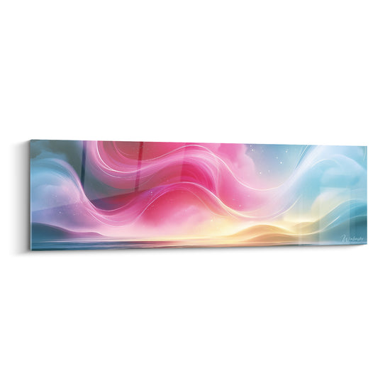 Vagues abstraites rose fuchsia et bleu pastel se déployant sur un horizon doré lumineux