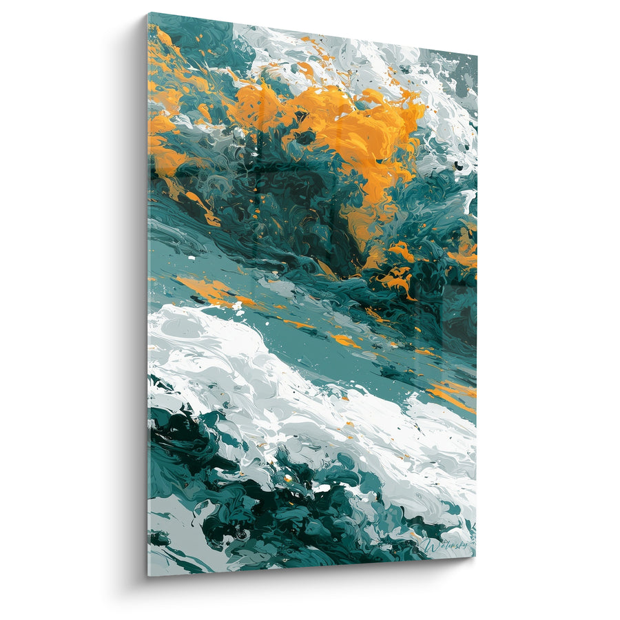 Tableau Torrent tourbillonnant sarcelle et orange écumeux - Cascade abrupte figée - Edition Abstrait Coloré