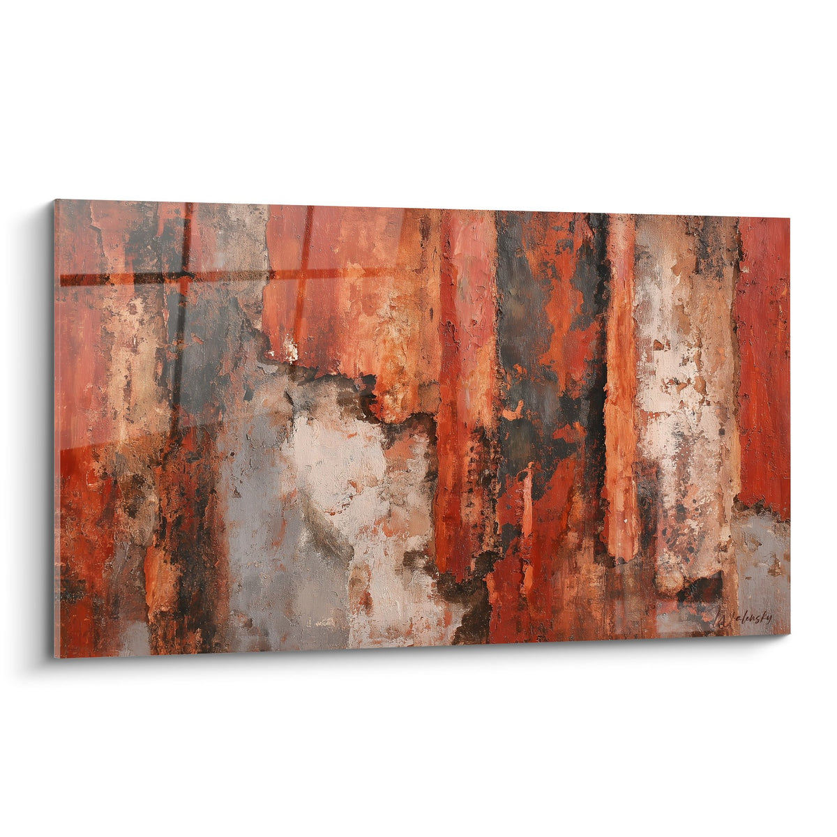 Tableau abstrait moderne tons corail orange gris texture rugueuse composition verticale feng shui centre terre