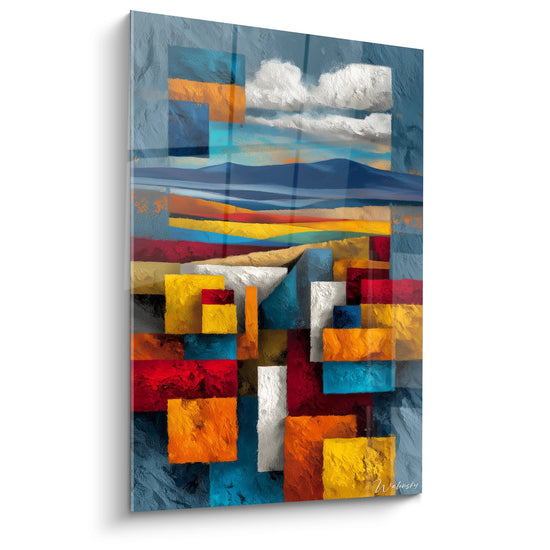 Tableau abstrait désert aux formes géométriques colorées avec ciel nuageux et montagnes stylisées