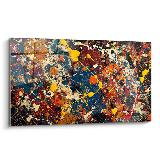 tableau abstrait eclaboussures colorees bleu rouge jaune action painting contemporain