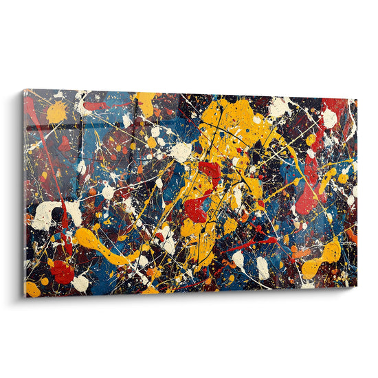 tableau abstrait eclaboussures colorees jaune bleu rouge sur fond noir style moderne dynamique