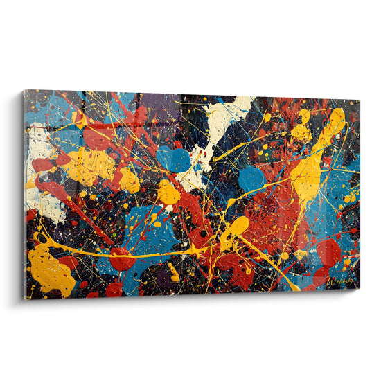 tableau abstrait explosion couleurs vives eclaboussures jaune bleu rouge noir peinture dynamique moderne