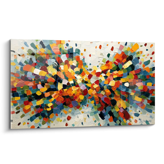 Explosion picturale orange et bleu marine au couteau, touches denses convergeant vers un centre lumineux