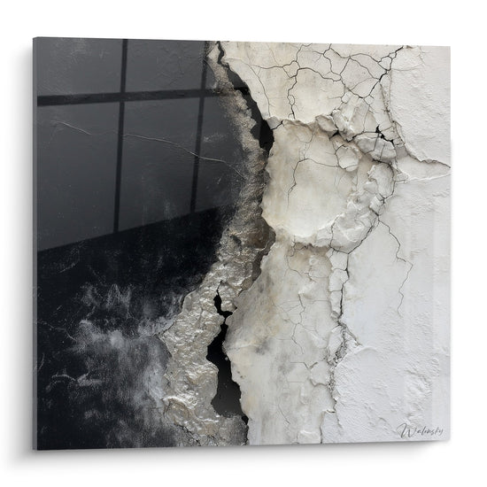 Tableau abstrait moderne noir blanc gris avec textures craquelées et fissures organiques style industriel feng shui métal