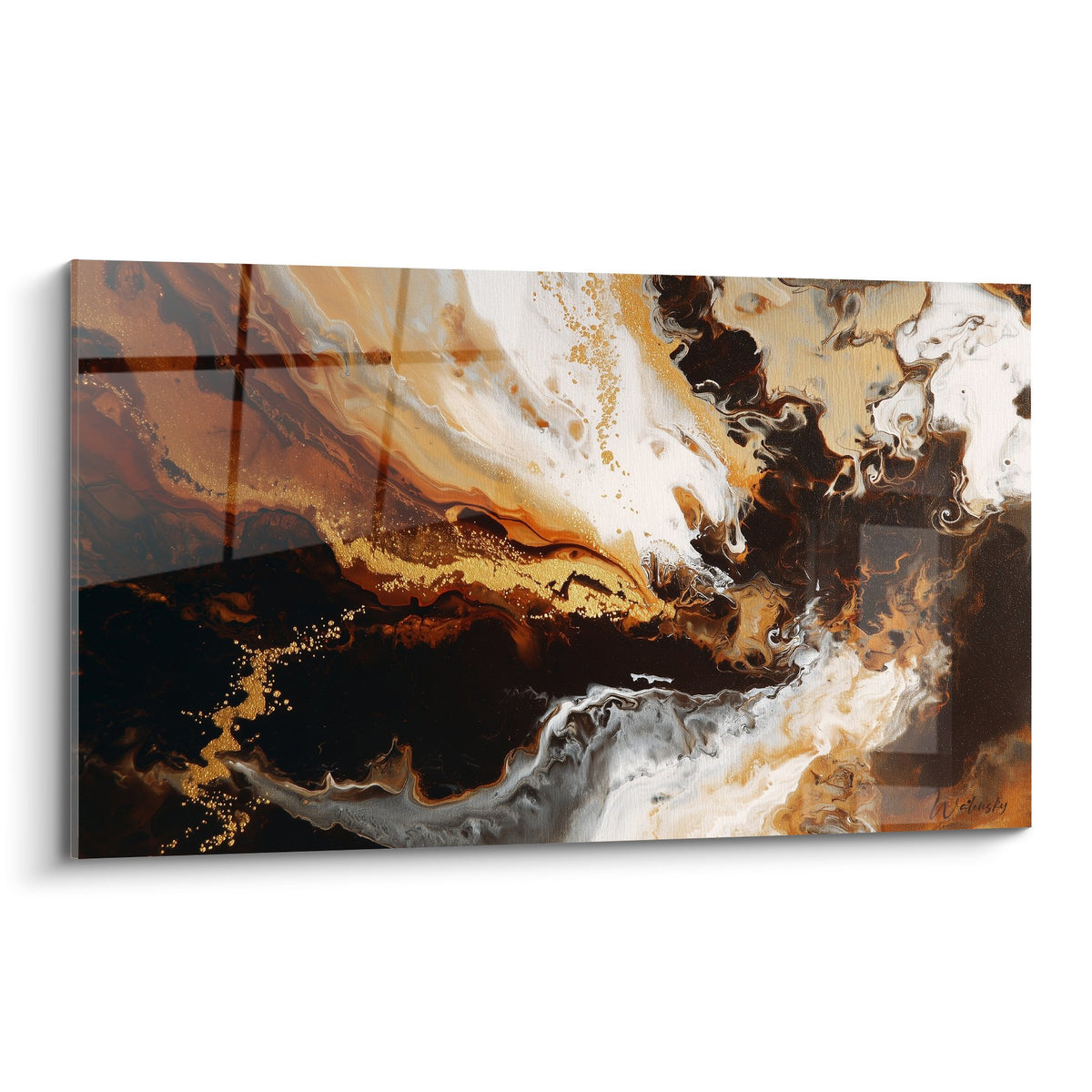 Tableau abstrait fluides dorés et bruns mouvements organiques edition feng shui centre terre