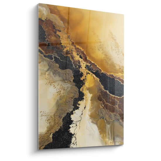 Tableau abstrait flux dores et noirs composition organique feng shui centre terre harmonie terrestre