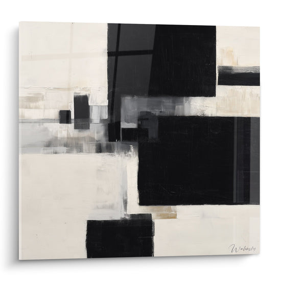 Tableau abstrait geometrique noir blanc gris composition moderne feng shui ouest metal