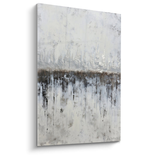 tableau abstrait gris blanc coulures brunes verticales feng shui ouest metal decoration murale moderne