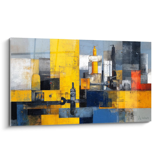 Tableau abstrait industriel aux tons jaunes et bleus évoquant structures mécaniques urbaines