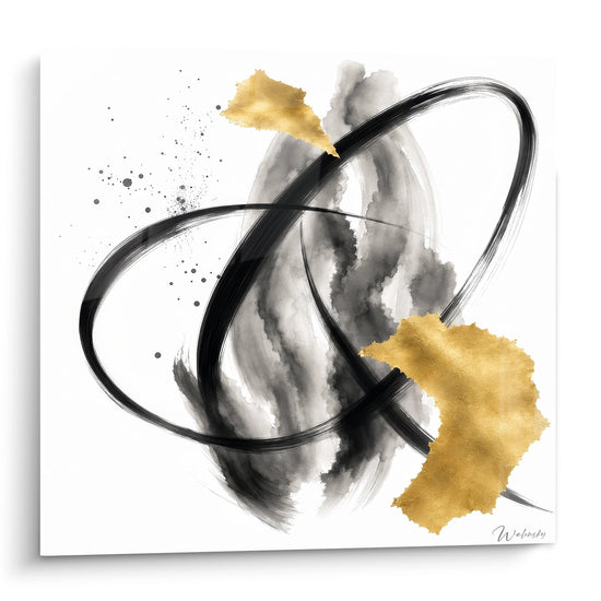 Tableau Coups de Pinceau Noirs Tourbillonnants et Éclats Dorés sur Fond Blanc - Éclipse Dorée - Edition abstrait