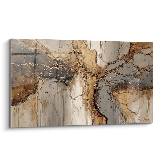 Tableau abstrait aux textures fluides ocres et grises avec veines dorees feng shui nord-est terre
