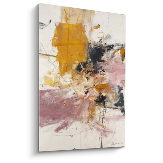 Tableau abstrait aux empâtements ocre, roses et noirs sur fond blanc, composition expressive contemporaine