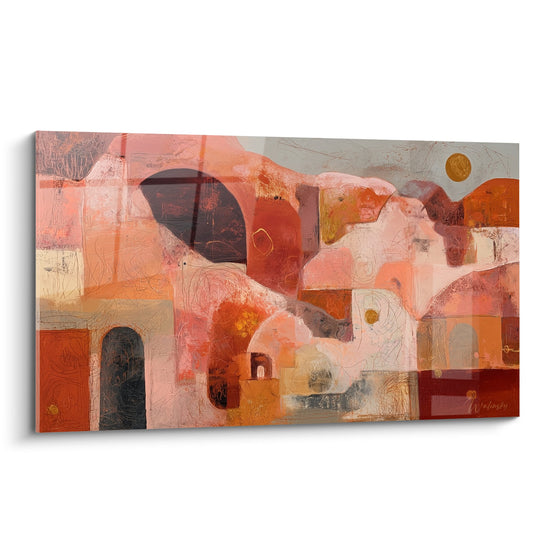 Tableau abstrait aux tons ocre terre cuite et beiges avec formes organiques arrondies style feng shui sud-ouest terre