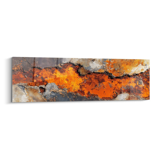 Tableau abstrait orange et doré avec textures rocheuses grises et craquelures noires - Art minéral moderne