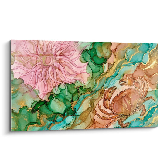 tableau abstrait couleurs rose turquoise dorees art fluide moderne edition crabe decoration murale