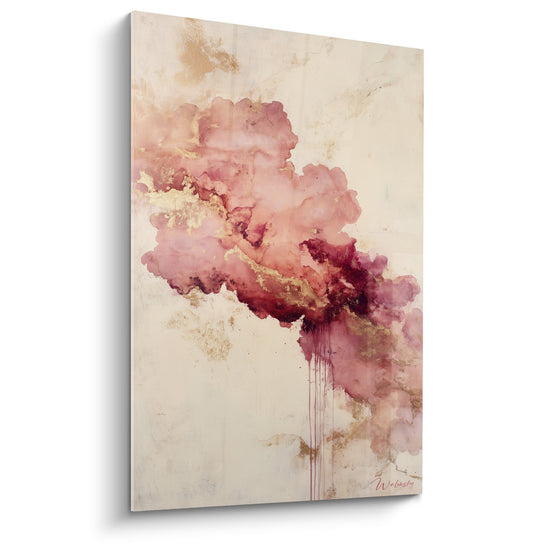 Tableau abstrait aux nuances roses poudrees et dorees avec coulures verticales sur fond beige feng shui sud ouest