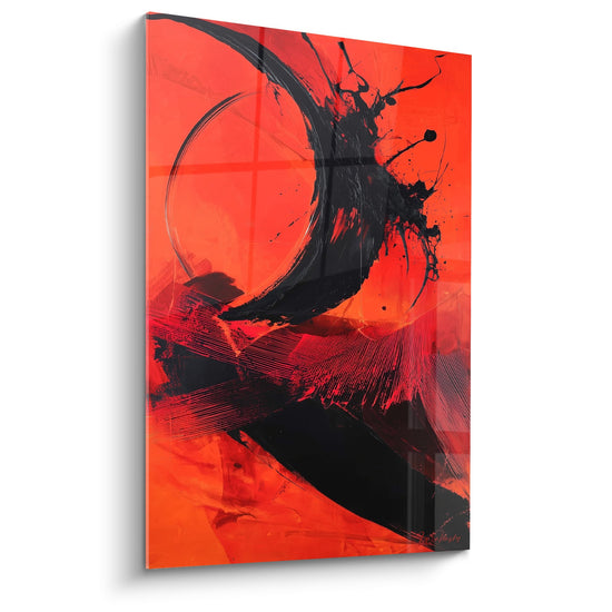 tableau abstrait rouge vermillon avec gestes noirs expressifs composition gestuelle explosive feng shui sud feu