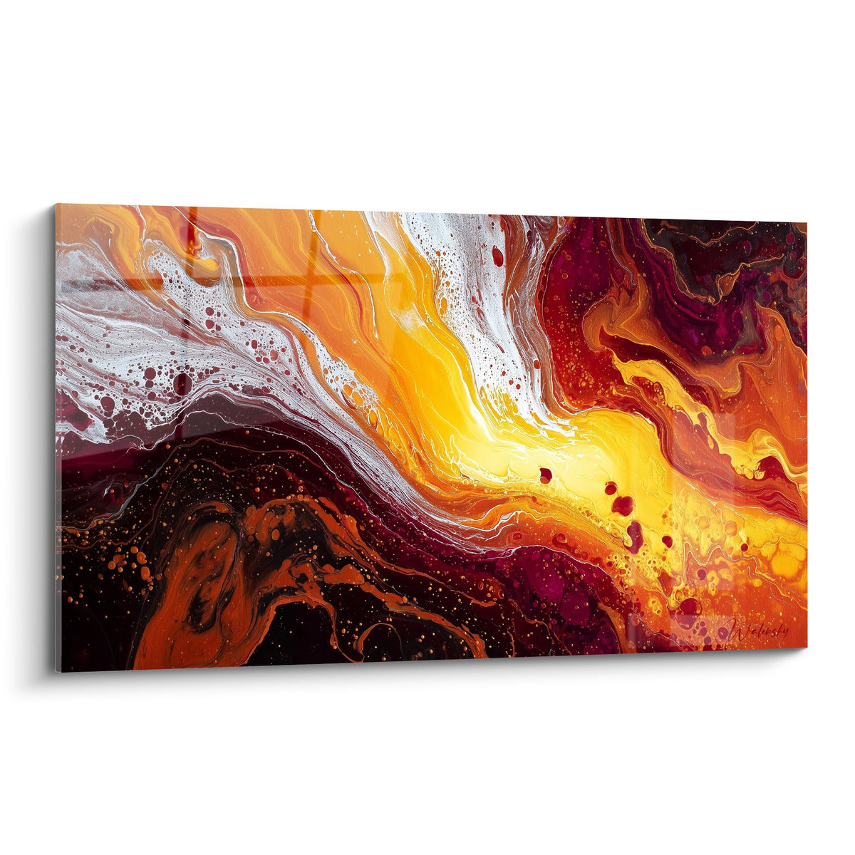Tableau abstrait aux couleurs flamboyantes rouge orange jaune et noir avec effets de matiere fluide