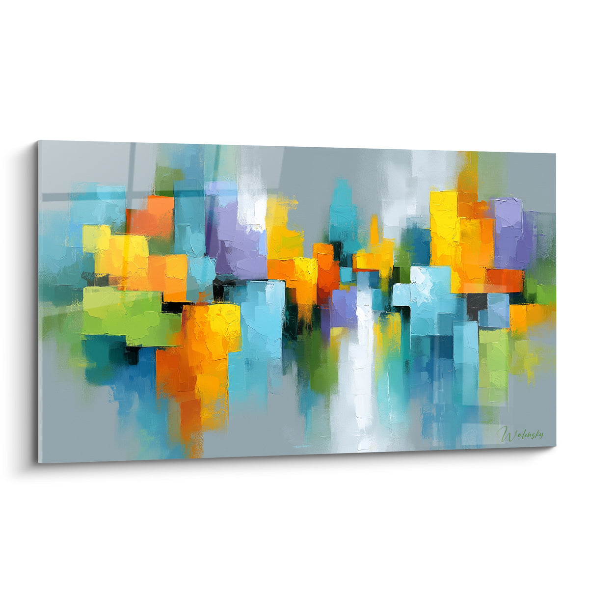 Silhouette urbaine abstraite en blocs turquoise, orange et violet sur fond gris texturé au couteau