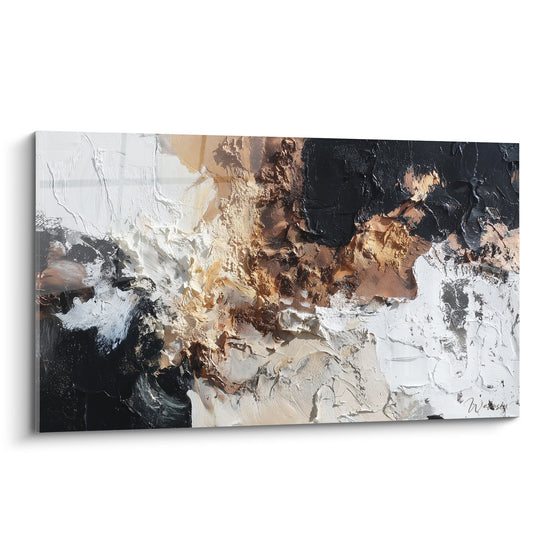 Tableau abstrait texturé blanc noir bronze aux empâtements sculpturaux feng shui nord-est terre