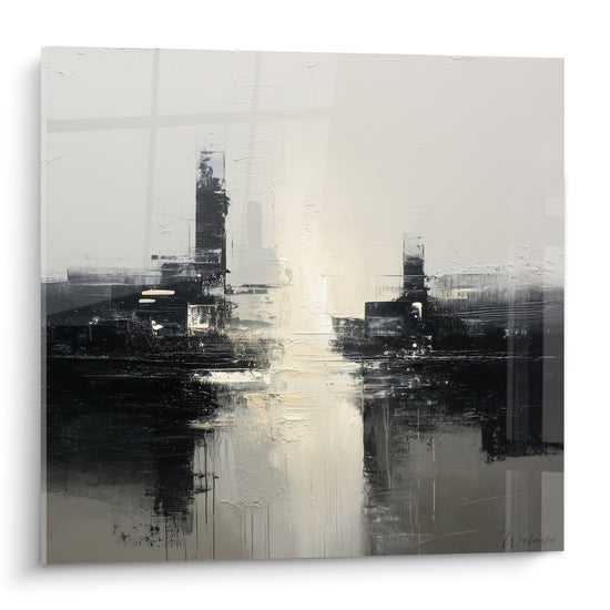 Tableau abstrait urbain gris noir blanc reflets metalliques feng shui ouest metal