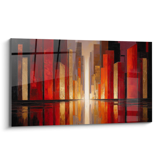 tableau abstrait urbain rouge orange dore reflets verticaux style skyline moderne feng shui sud feu
