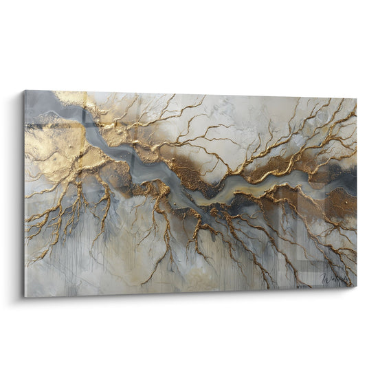 tableau abstrait veines dorees sur fond gris beige style feng shui terre minerale organique